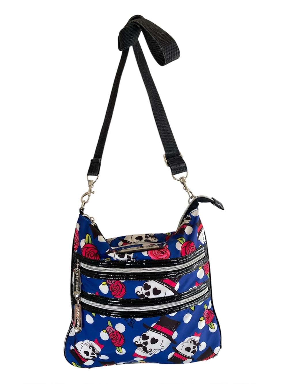 BETSEY JOHNSON Black And Blue Skulls & Roses Crossbody Bag